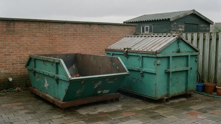 Open en gesloten afzetcontainer naast elkaar op een Nederlandse achterplaats