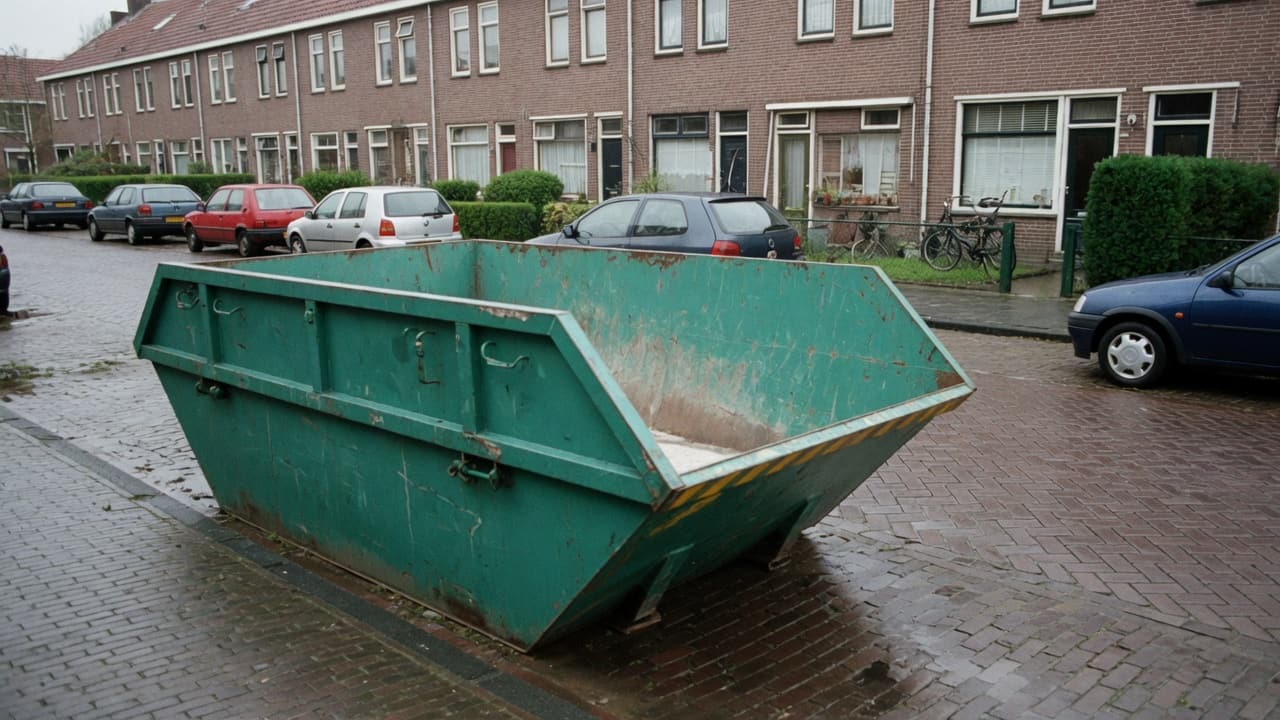 Afzetcontainer op een natte bakstenen straat in een Nederlandse rijtjeswijk