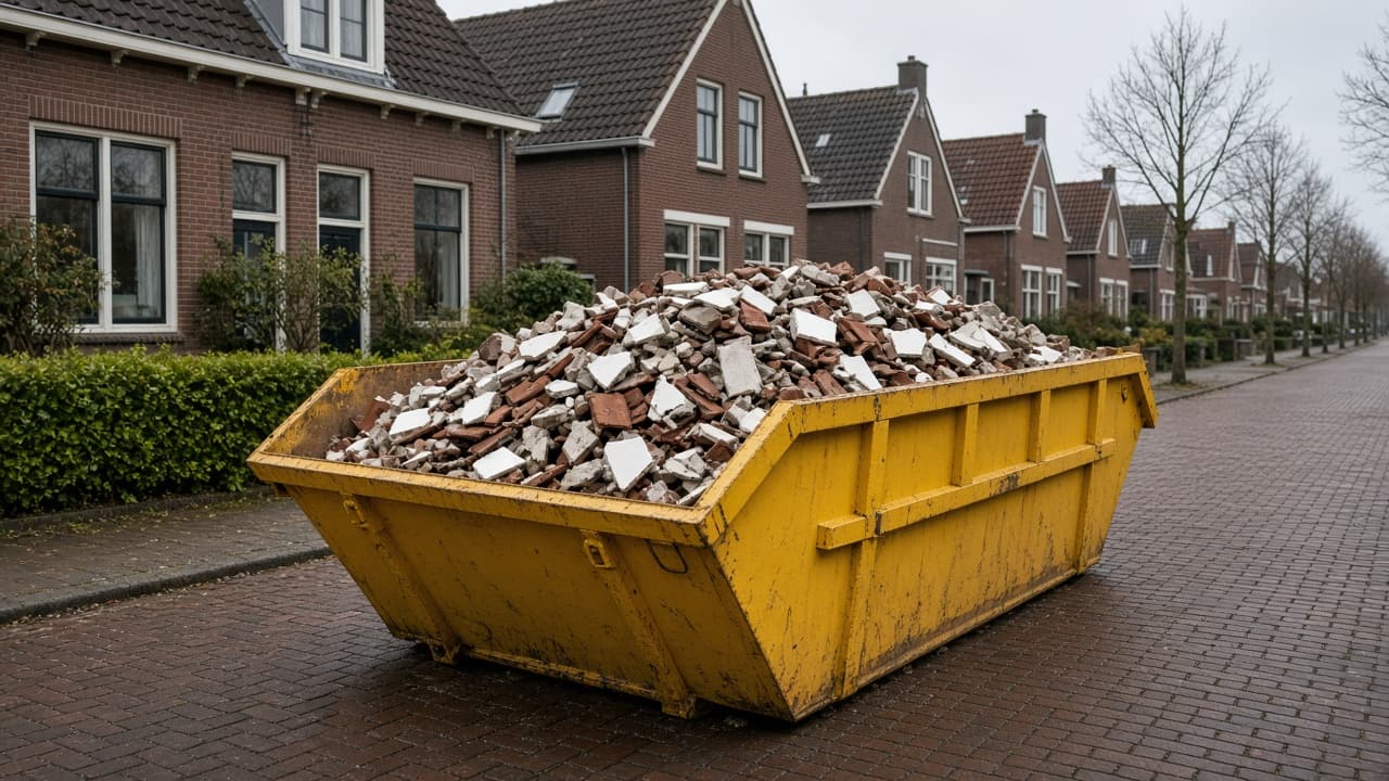 Gele puincontainer vol schoon puin (tegels, baksteen, beton) op een Nederlandse klinkerstraat: wat mag er in een puincontainer